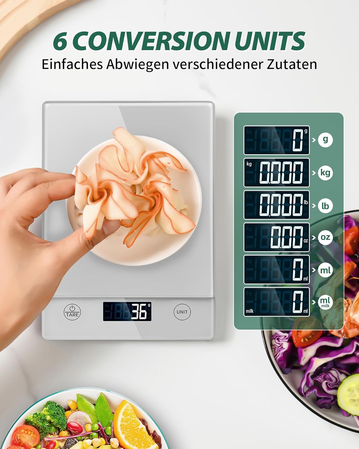 Digitale Küchenwaage mit LCD-Display und Tara-Funktion, präzise 1-g-Abmessung zum Backen und Kochen, Glas silberfarben – Bild 2