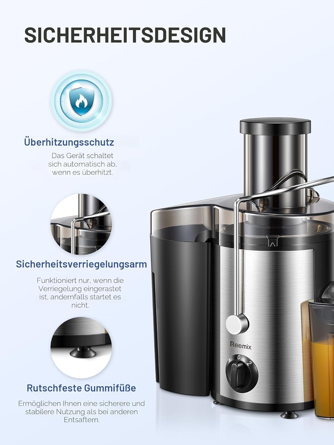 Entsafter für Gemüse und Obst, Zentrifugal 72 mm Einfüllöffnung, 800 W stabile Leistung, schnelles Entsaften, Zentrifugal, leicht zu reinigen mit Bürste, BPA-frei (schwarz, 800 W) – Bild 6