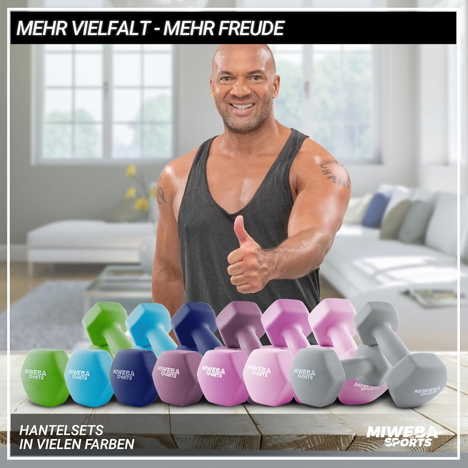 Miweba Sports Neopren-Hantel-Set (NKH100), Profi-Hanteln, 0,5–10,0 kg, Hexagon-Hanteln-Set, Gymnastik-Hanteln – Bild 5