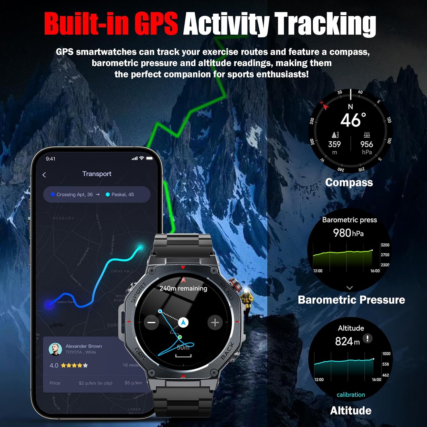 Smartwatch Herren GPS, 1,43"AMOLED Militär Fitnessuhr mit Bluetooth Anrufe, Kompass 160+ Sportmodi, 5ATM Wasserdicht, 24/7 Herzfrequenz, Schlafmonitor, Schrittzähler, Sportuhr Outdoor Android für iOS – Bild 3
