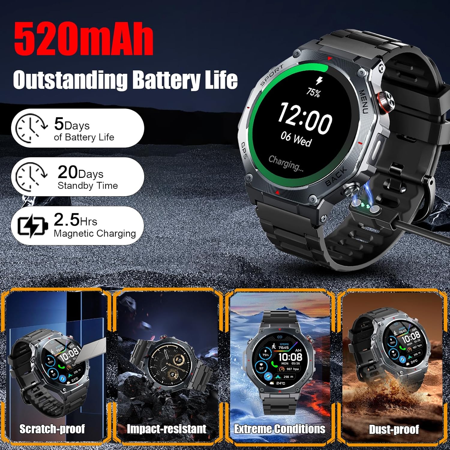 Smartwatch Herren GPS, 1,43"AMOLED Militär Fitnessuhr mit Bluetooth Anrufe, Kompass 160+ Sportmodi, 5ATM Wasserdicht, 24/7 Herzfrequenz, Schlafmonitor, Schrittzähler, Sportuhr Outdoor Android für iOS – Bild 8