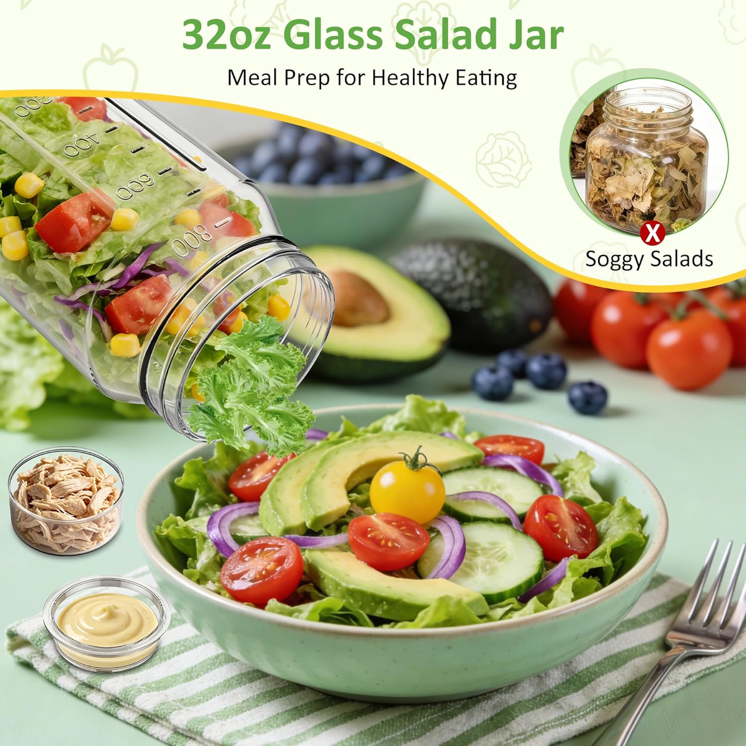 Meal-Prep-Gläser mit Deckel-Set, 4 x 950 ml Einmachgläser, auslaufsicherer/vertikal geschichteter Meal-Prep-Behälter, ideal zum Mitnehmen, für Salate, Marmelade, Overnight Oats und zum Öffnen von Fertiggerichten – Bild 2
