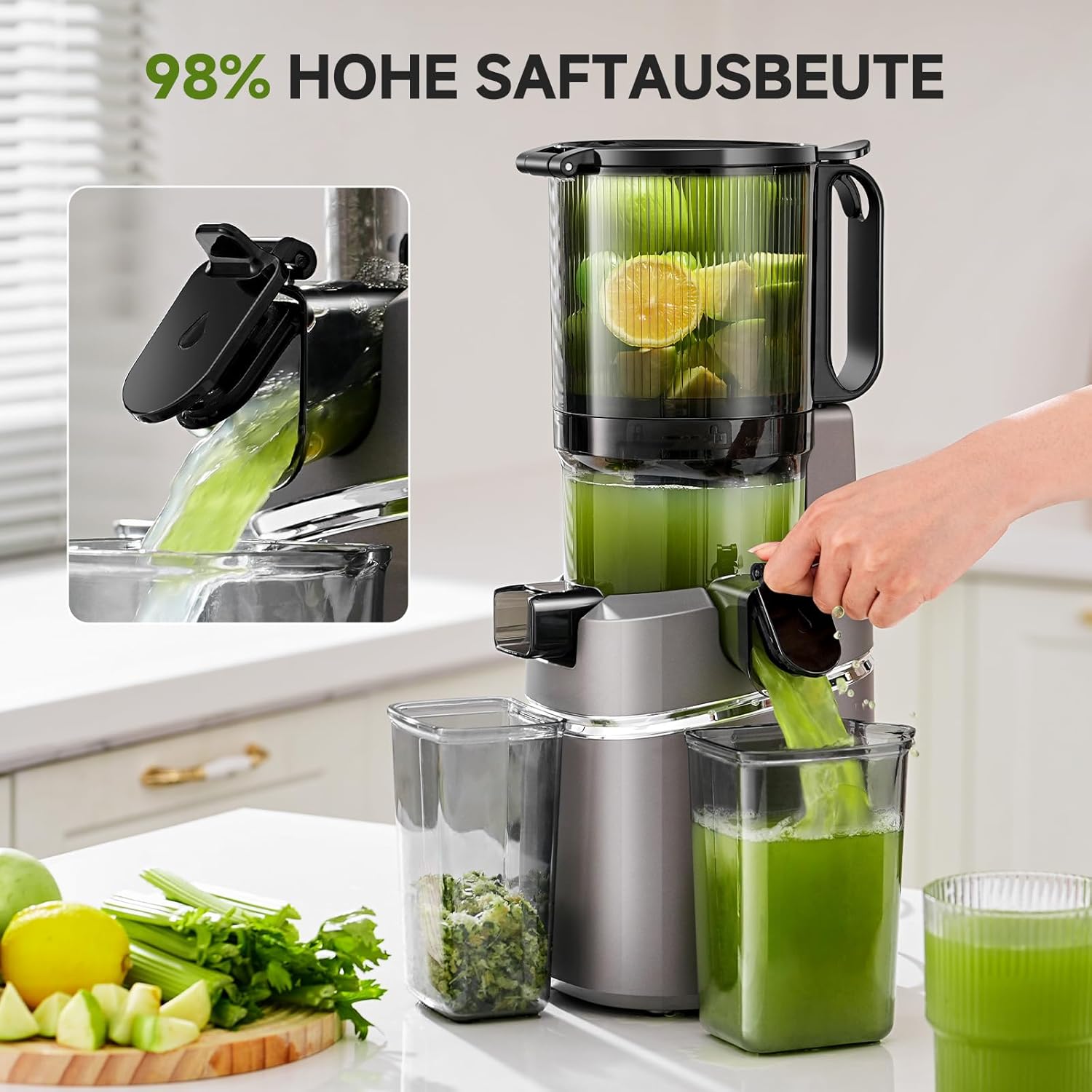 AMZCHEF Slow Juicer Entsafter – Entsafter Gemüse und Obst Testsieger für ganze Früchte, XXL 135 mm Öffnung, BPA-frei mit Rezeptbuch – 1,8 L Behälter, Dreifachfilter, Grau – Bild 4