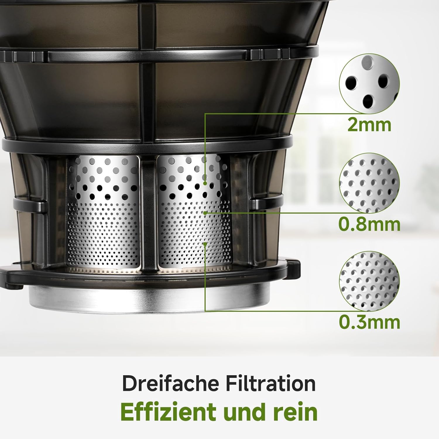 AMZCHEF Slow Juicer Entsafter – Entsafter Gemüse und Obst Testsieger für ganze Früchte, XXL 135 mm Öffnung, BPA-frei mit Rezeptbuch – 1,8 L Behälter, Dreifachfilter, Grau – Bild 5