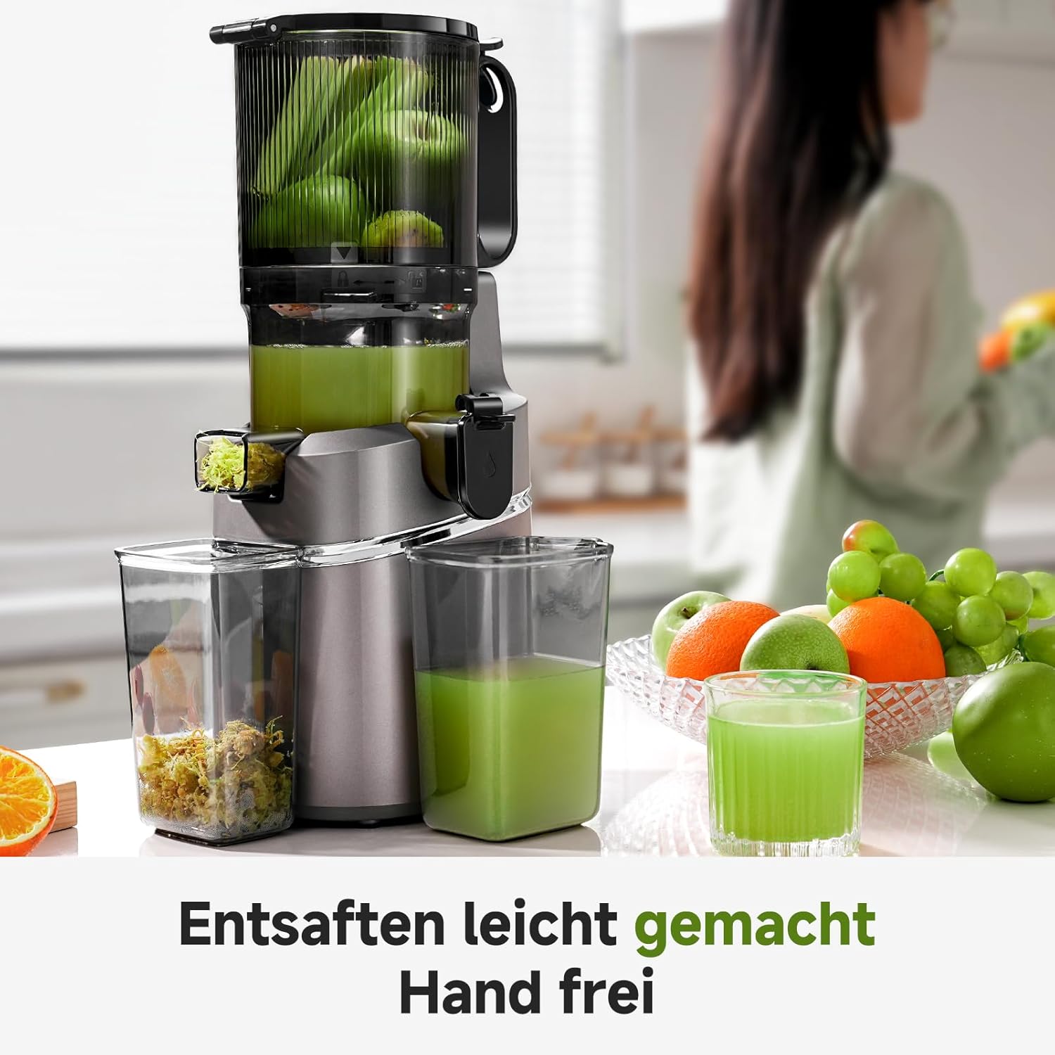 AMZCHEF Slow Juicer Entsafter – Entsafter Gemüse und Obst Testsieger für ganze Früchte, XXL 135 mm Öffnung, BPA-frei mit Rezeptbuch – 1,8 L Behälter, Dreifachfilter, Grau – Bild 6