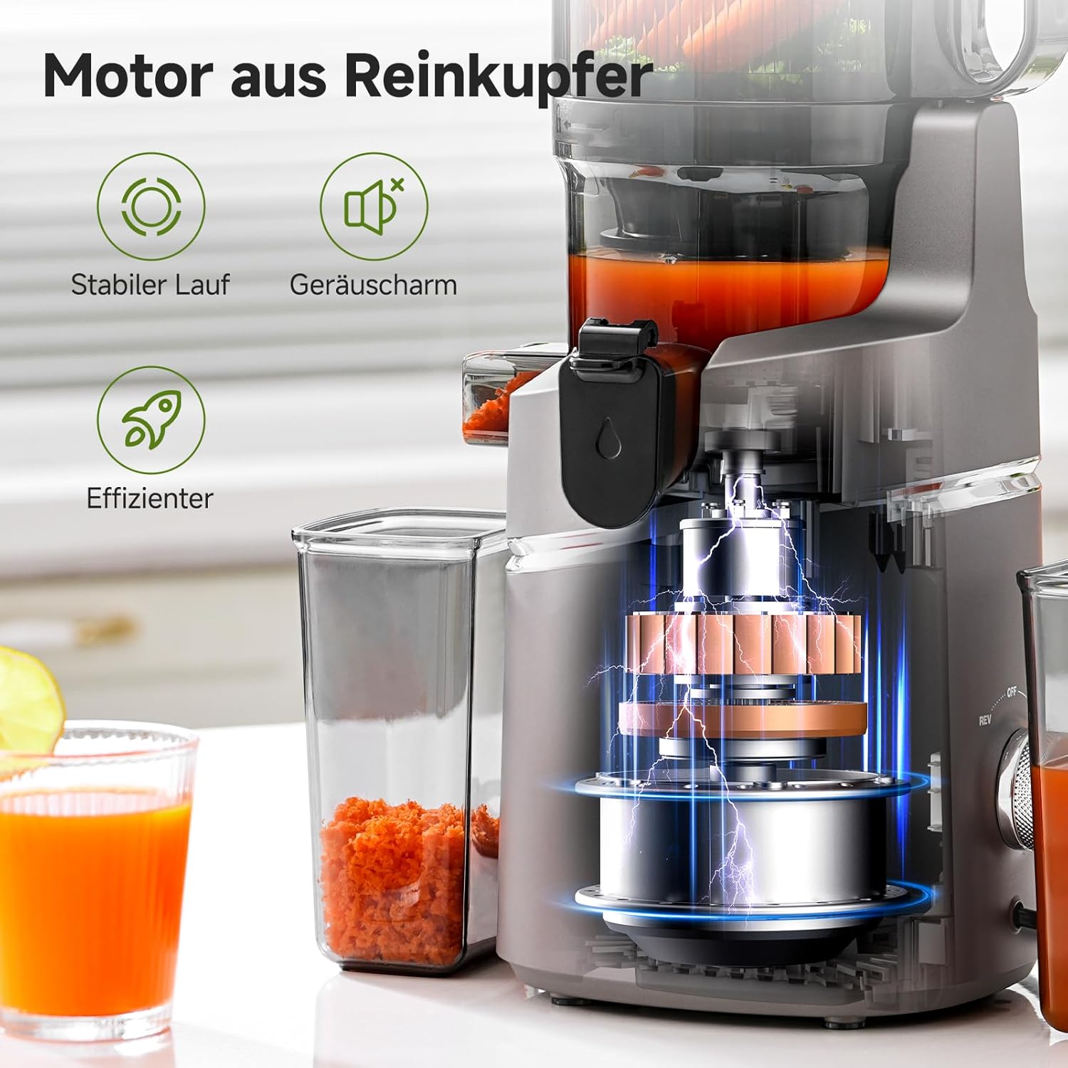 AMZCHEF Slow Juicer Entsafter – Entsafter Gemüse und Obst Testsieger für ganze Früchte, XXL 135 mm Öffnung, BPA-frei mit Rezeptbuch – 1,8 L Behälter, Dreifachfilter, Grau – Bild 7