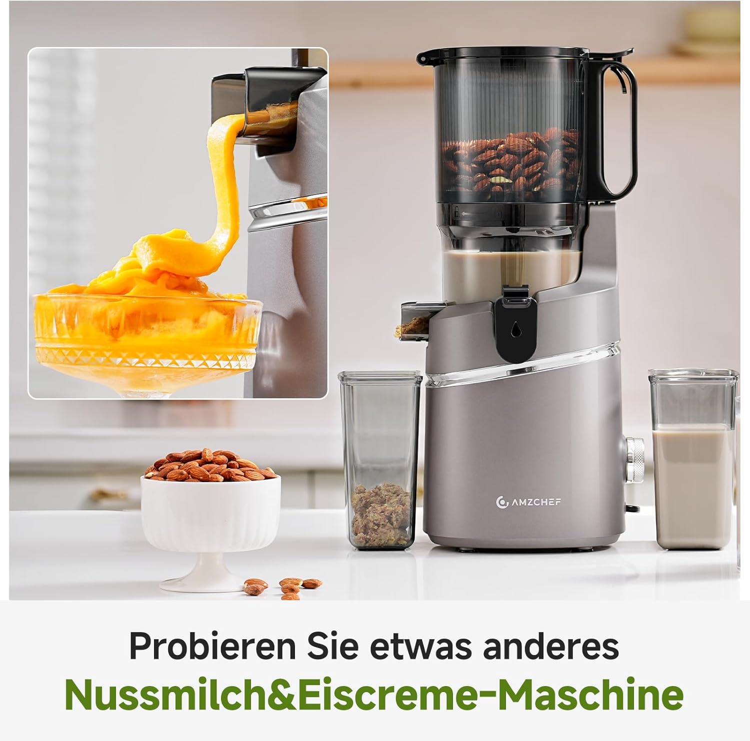 AMZCHEF Slow Juicer Entsafter – Entsafter Gemüse und Obst Testsieger für ganze Früchte, XXL 135 mm Öffnung, BPA-frei mit Rezeptbuch – 1,8 L Behälter, Dreifachfilter, Grau – Bild 8
