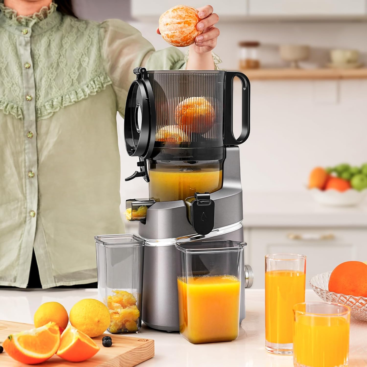 AMZCHEF Slow Juicer Entsafter – Entsafter Gemüse und Obst Testsieger für ganze Früchte, XXL 135 mm Öffnung, BPA-frei mit Rezeptbuch – 1,8 L Behälter, Dreifachfilter, Grau – Bild 10
