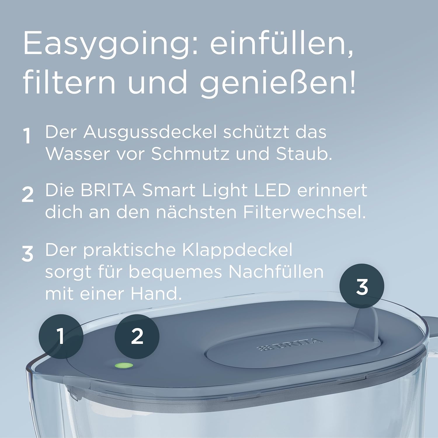 BRITA Style Essential XL Wasserfilterkanne Steinblau (3,6 l), inklusive 1x Maxtra Pro Extra Kalkschutz, große Filterkanne mit Smart Light LED & Klappdeckel, filtert Verunreinigungen & mehr – Bild 3