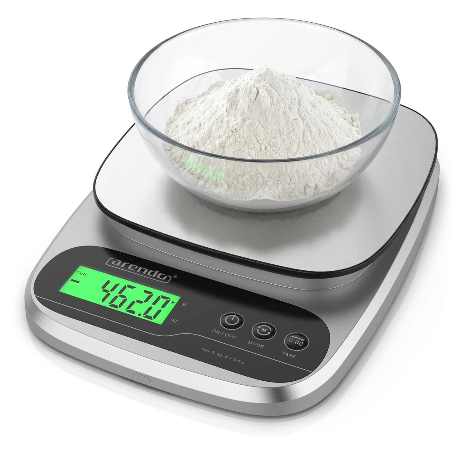 Arendo – Digitale Küchenwaage aus Edelstahl – max. 1 g – 5 kg – LCD-Display – Tara-Wiegefunktion – Messgenauigkeit 1 g – 3-Tasten-Bedienung – g, oz