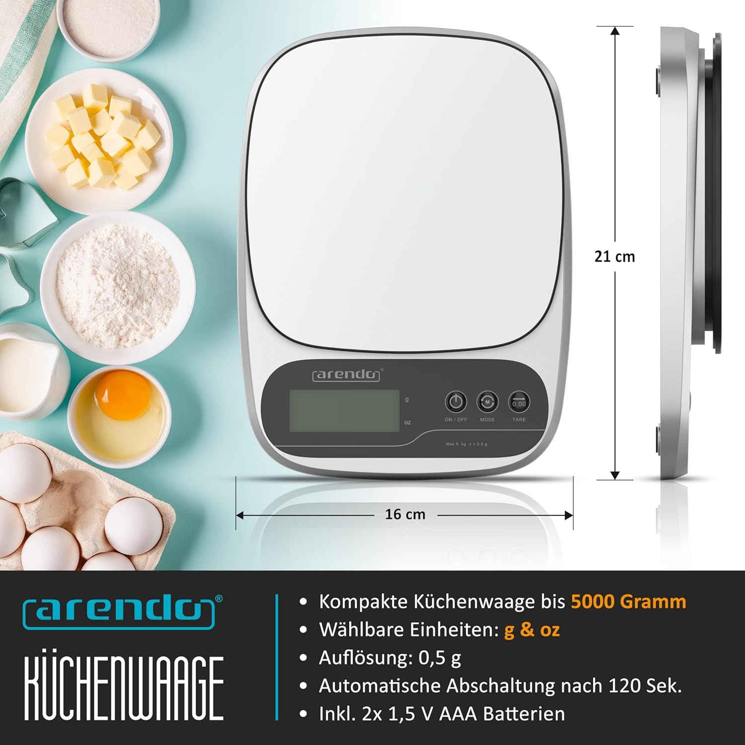 Arendo – Digitale Küchenwaage aus Edelstahl – max. 1 g – 5 kg – LCD-Display – Tara-Wiegefunktion – Messgenauigkeit 1 g – 3-Tasten-Bedienung – g, oz – Bild 2