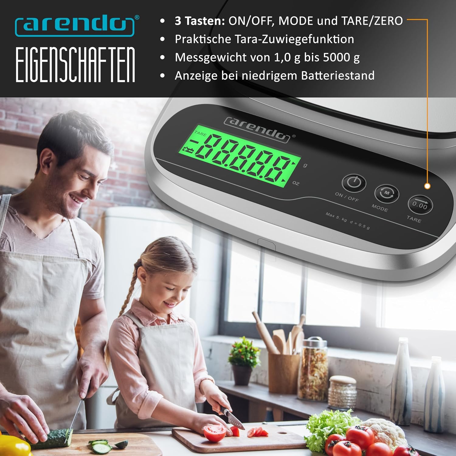 Arendo – Digitale Küchenwaage aus Edelstahl – max. 1 g – 5 kg – LCD-Display – Tara-Wiegefunktion – Messgenauigkeit 1 g – 3-Tasten-Bedienung – g, oz – Bild 3