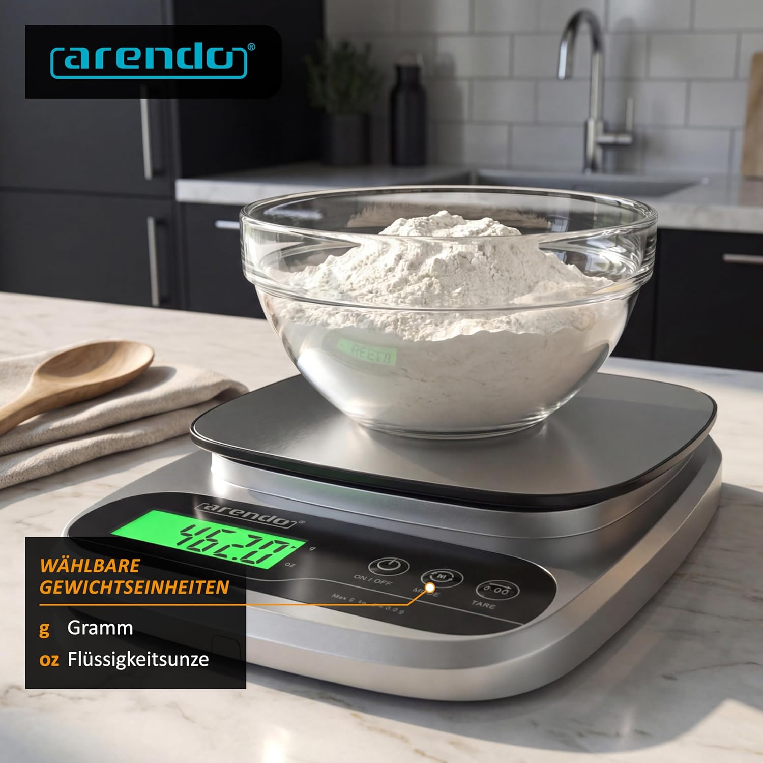 Arendo – Digitale Küchenwaage aus Edelstahl – max. 1 g – 5 kg – LCD-Display – Tara-Wiegefunktion – Messgenauigkeit 1 g – 3-Tasten-Bedienung – g, oz – Bild 4