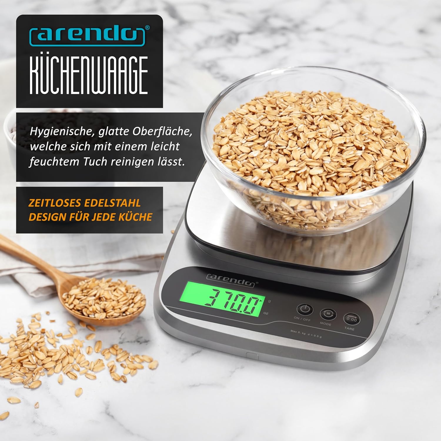 Arendo – Digitale Küchenwaage aus Edelstahl – max. 1 g – 5 kg – LCD-Display – Tara-Wiegefunktion – Messgenauigkeit 1 g – 3-Tasten-Bedienung – g, oz – Bild 6