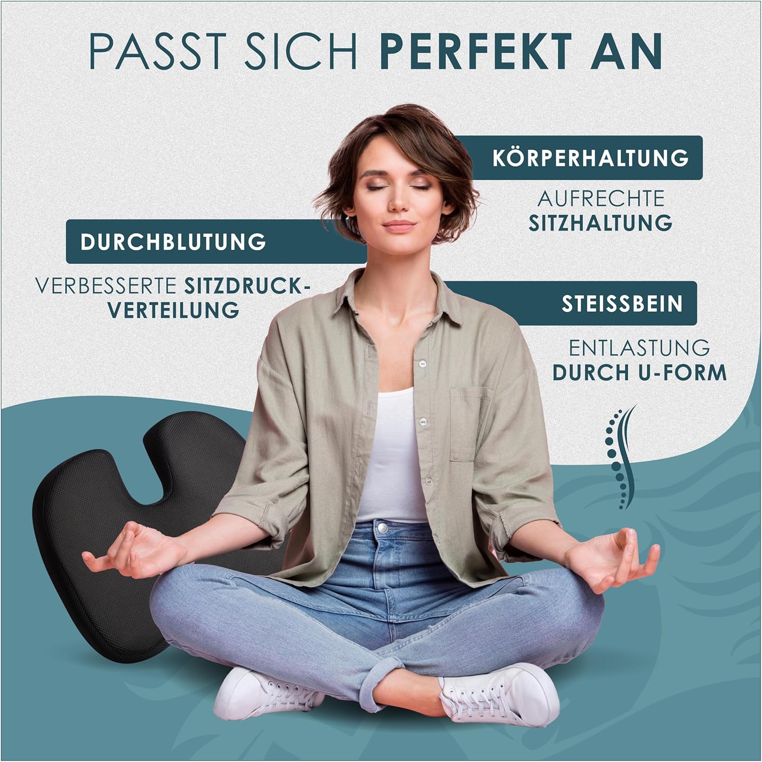 Orthopädisches Sitzkissen mit Memory-Schaum – Sitzkissen Stuhl für ergonomischen Komfort & Steißbein-Entlastung – Effektives Steißbeinkissen für Büro, Heimbüro & Auto – schwer 85–120 kg – Bild 3