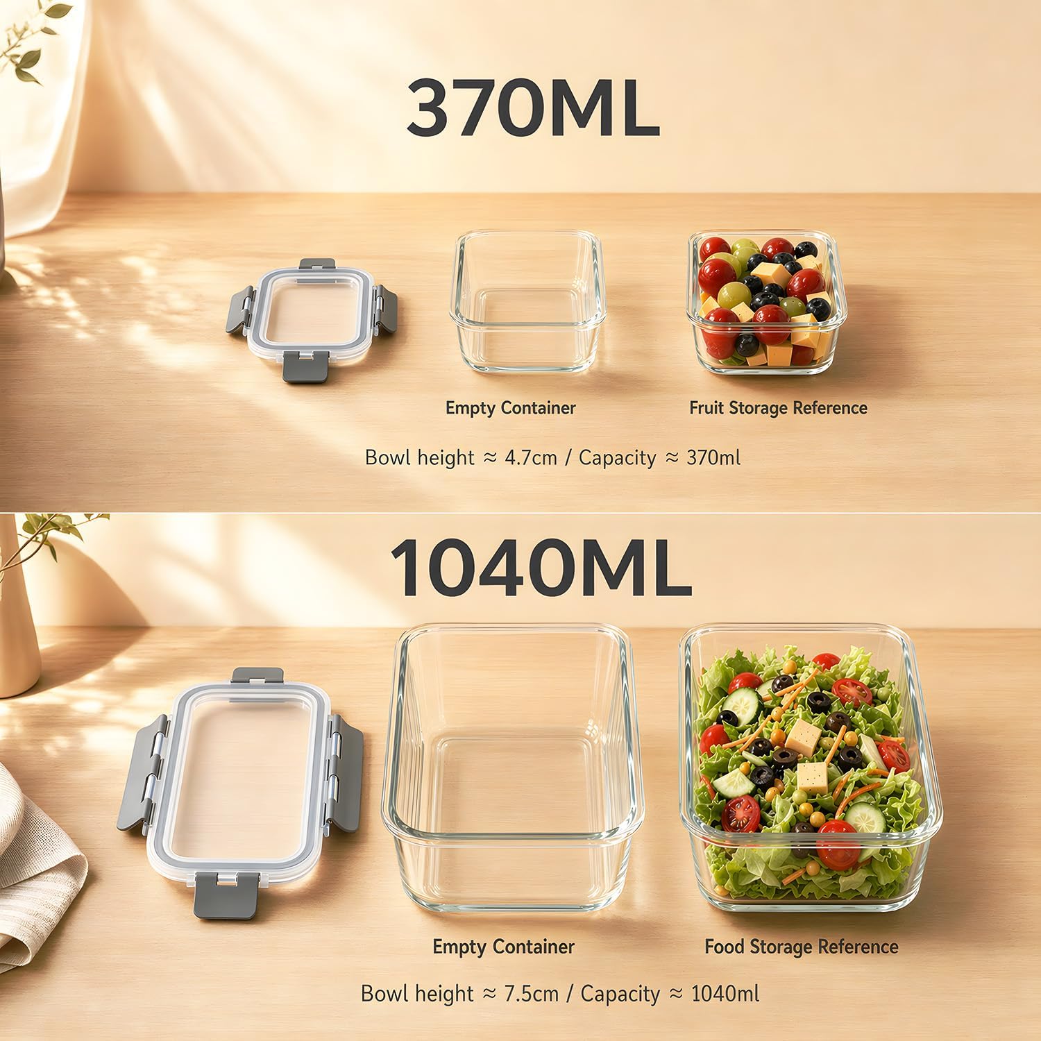 Frischhaltedosen-Set aus Glas und Essenszubereitungsboxen, 2 x 370 ml Borosilikatglasbehälter mit BPA-freiem Deckel, Frischhaltedose für Mikrowelle, Gefrierschrank und Spülmaschine – Bild 2