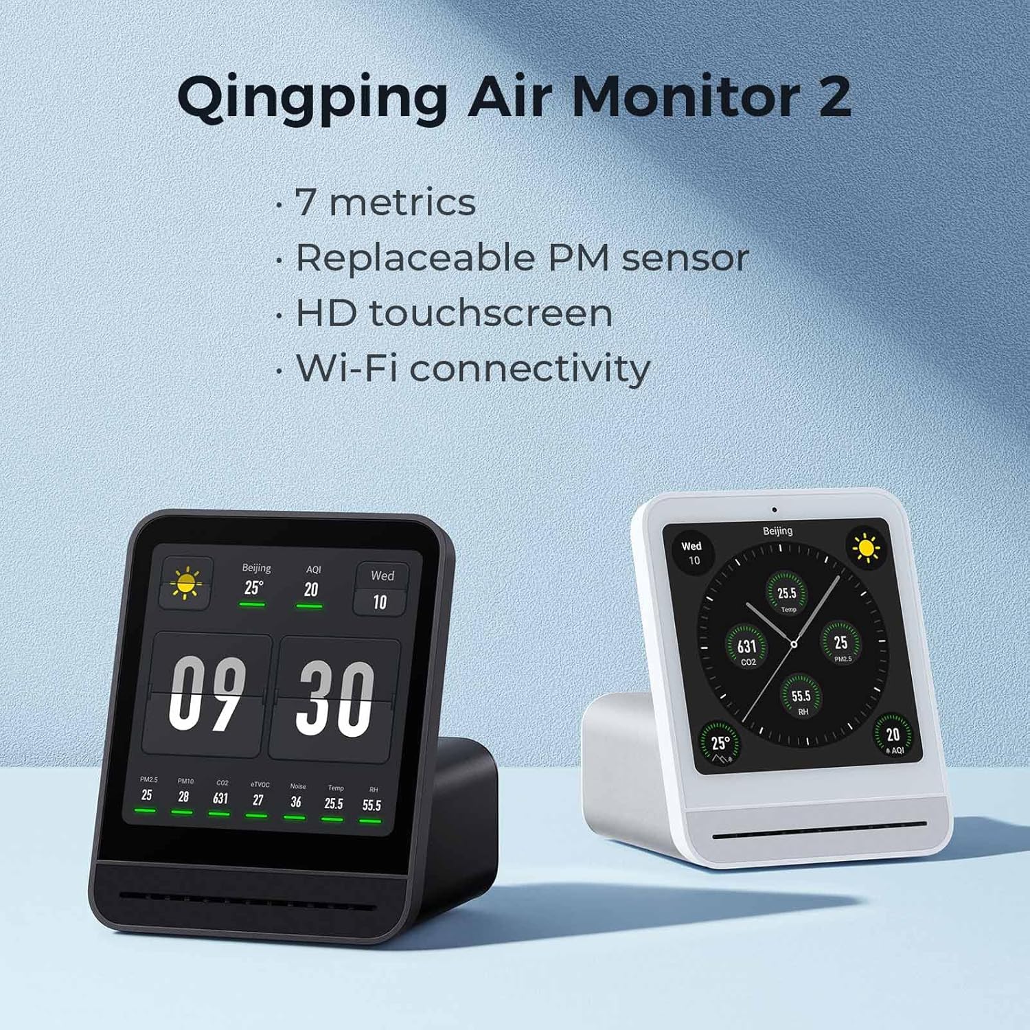 Qingping Luftqualitätsmonitor Gen 2, Luftqualitätsmonitor für den Innenbereich, erkennt PM2,5, CO2, PM10, Lärm, Temperatur und Luftfeuchtigkeit, CO2-Messgerät, verbesserte Weckerfunktion, Luftqualitätstester – Bild 2