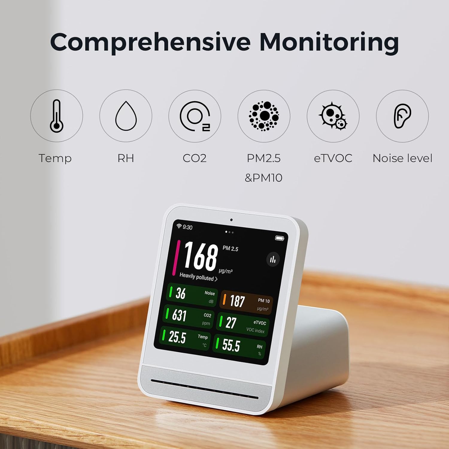 Qingping Luftqualitätsmonitor Gen 2, Luftqualitätsmonitor für den Innenbereich, erkennt PM2,5, CO2, PM10, Lärm, Temperatur und Luftfeuchtigkeit, CO2-Messgerät, verbesserte Weckerfunktion, Luftqualitätstester – Bild 3