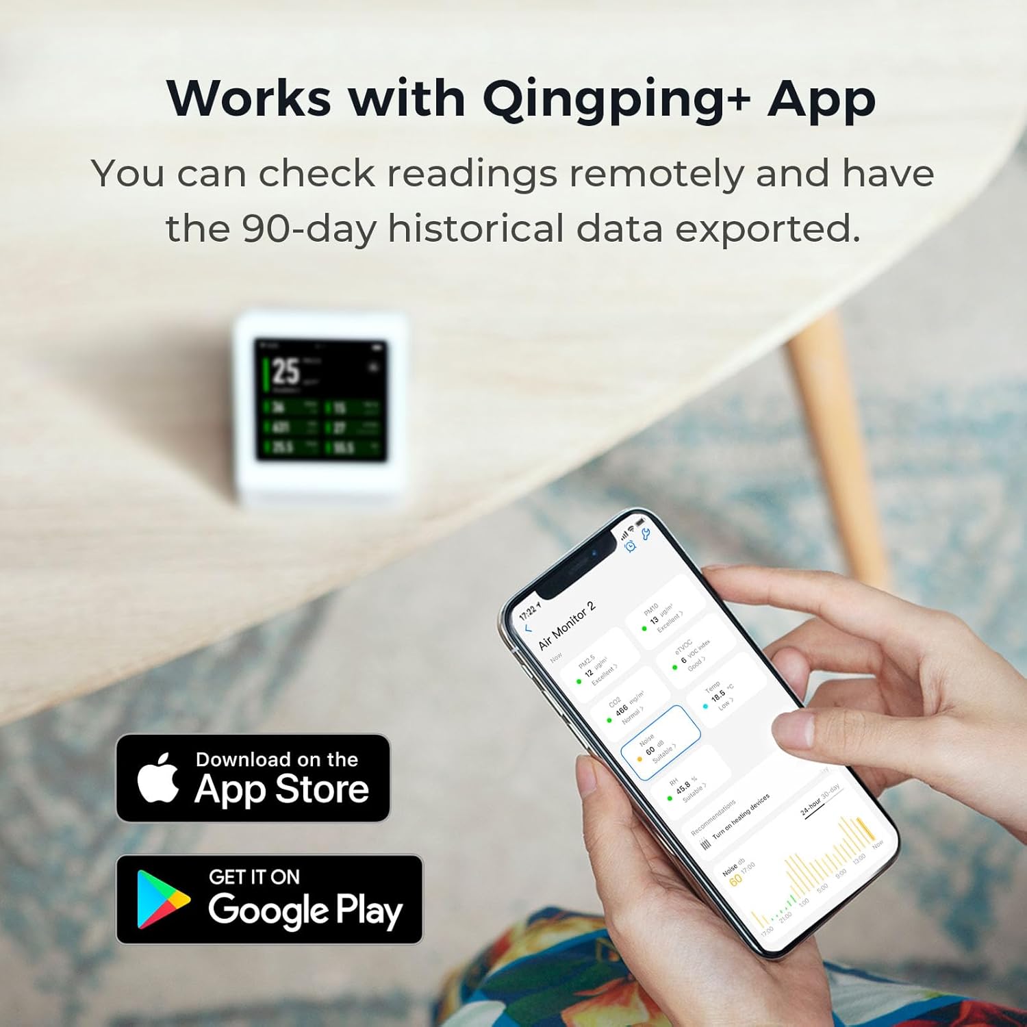Qingping Luftqualitätsmonitor Gen 2, Luftqualitätsmonitor für den Innenbereich, erkennt PM2,5, CO2, PM10, Lärm, Temperatur und Luftfeuchtigkeit, CO2-Messgerät, verbesserte Weckerfunktion, Luftqualitätstester – Bild 7