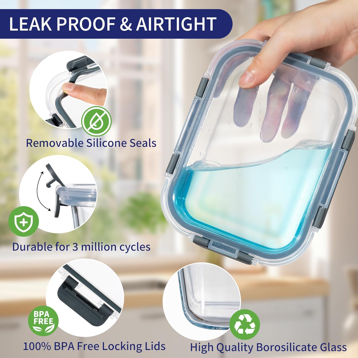MFY 10er-Set (1040 ml & 400 ml) Glasbehälter mit Deckel-Set, Meal-Prep-Boxen, Lebensmittel-Aufbewahrungsbehälter aus Glas mit Deckel, BPA-freie Glasgefäße, mikrowellen-, ofen-, gefrier- und spülmaschinenfest, grau – Bild 3