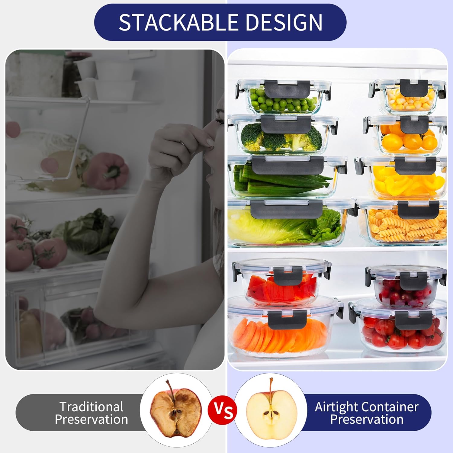 MFY 10er-Set (1040 ml & 400 ml) Glasbehälter mit Deckel-Set, Meal-Prep-Boxen, Lebensmittel-Aufbewahrungsbehälter aus Glas mit Deckel, BPA-freie Glasgefäße, mikrowellen-, ofen-, gefrier- und spülmaschinenfest, grau – Bild 4