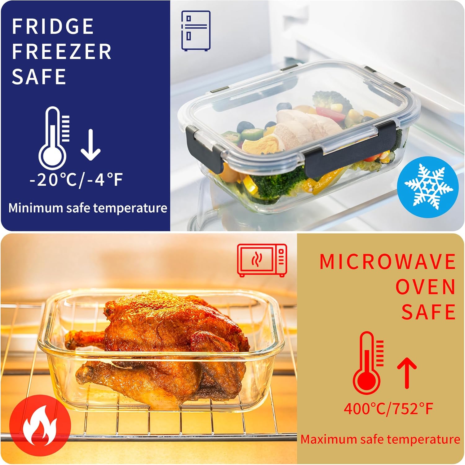 MFY 10er-Set (1040 ml & 400 ml) Glasbehälter mit Deckel-Set, Meal-Prep-Boxen, Lebensmittel-Aufbewahrungsbehälter aus Glas mit Deckel, BPA-freie Glasgefäße, mikrowellen-, ofen-, gefrier- und spülmaschinenfest, grau – Bild 5
