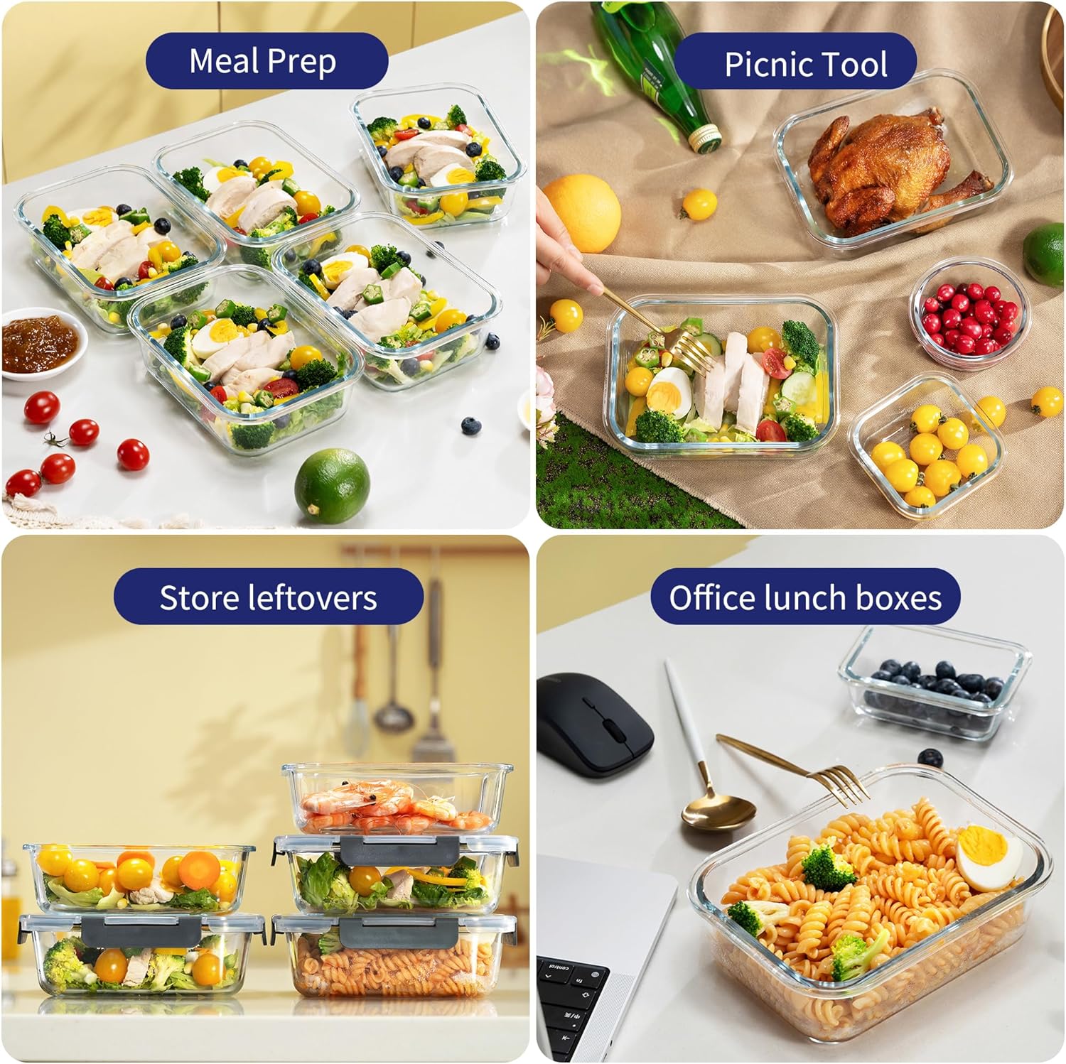 MFY 10er-Set (1040 ml & 400 ml) Glasbehälter mit Deckel-Set, Meal-Prep-Boxen, Lebensmittel-Aufbewahrungsbehälter aus Glas mit Deckel, BPA-freie Glasgefäße, mikrowellen-, ofen-, gefrier- und spülmaschinenfest, grau – Bild 7