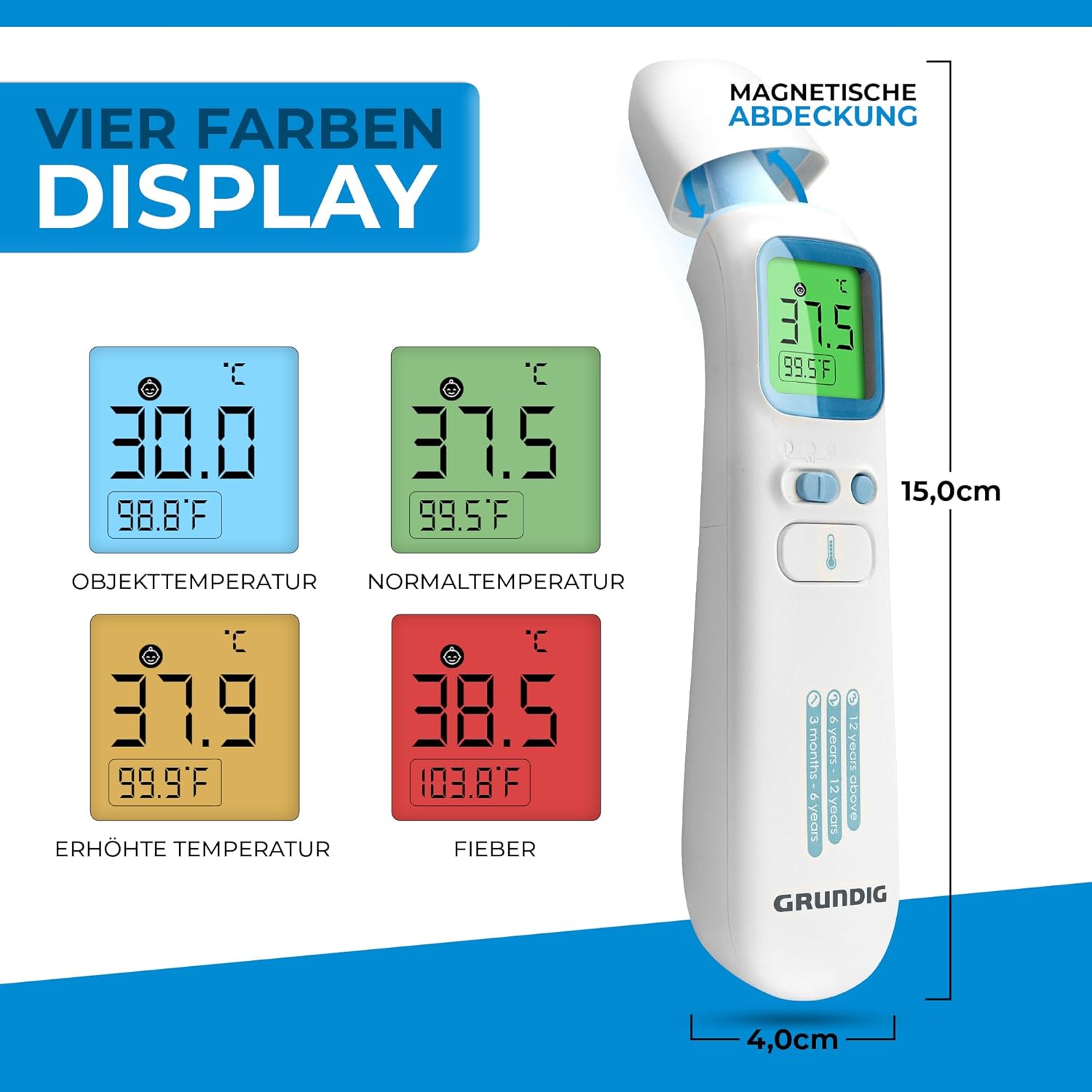 GRUNDIG Fieberthermometer Testsieger – Keine Folgekosten – Thermometer für Babys, Kinder, Erwachsene – Hochpräzises kontaktloses und digitales Fieber an Ohr, Stirn und Gegenständen (inkl. Batterien) – Bild 3