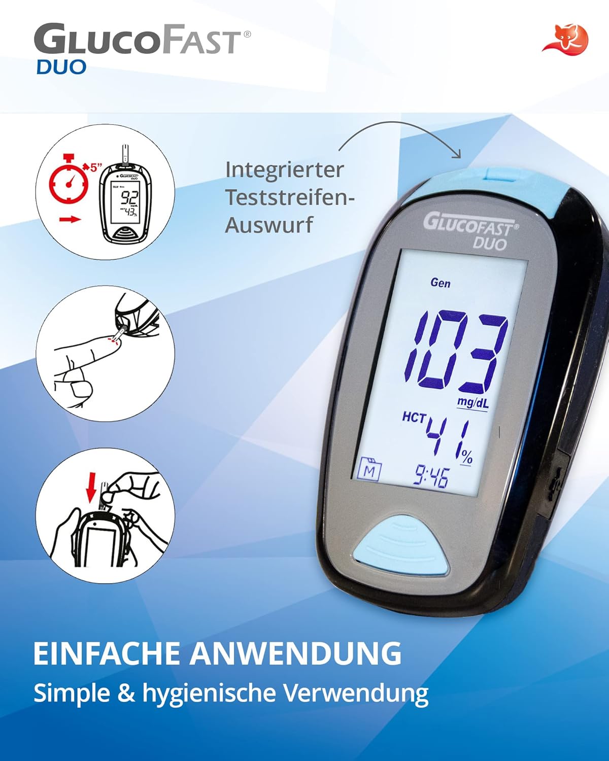 Duo Blutzuckermessgerät (mmol/L) Set mit 60 Teststreifen und 10 Lanzetten, zertifiziertes Diabetes-Messsystem mit hoher Genauigkeit, einfach zu bedienen – Bild 4