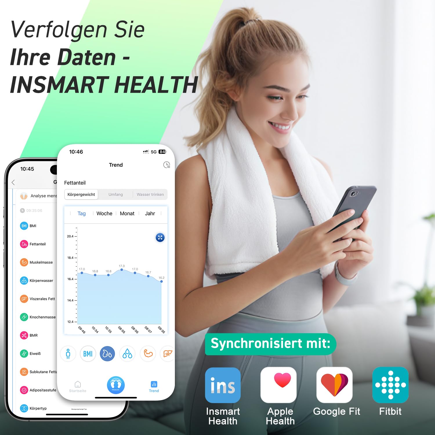 INSMART Digitale Personenwaage mit Bluetooth, Körperanalysewaage, Körperfettwaage für BMI, Gewicht, Pulsschlag, Wasser, Protein, Körperfett und Muskelmasse, 180 kg/400 lbs (weiß) – Bild 3