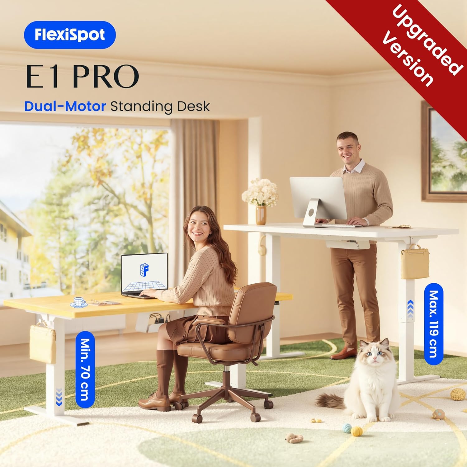 FLEXISPOT höhenverstellbarer Schreibtisch mit 2 Motoren, 25 mm einteilige Tischplatte, ergonomischer Bürotisch, 120 x 80 cm, weiß, weißes Gestell – Bild 3