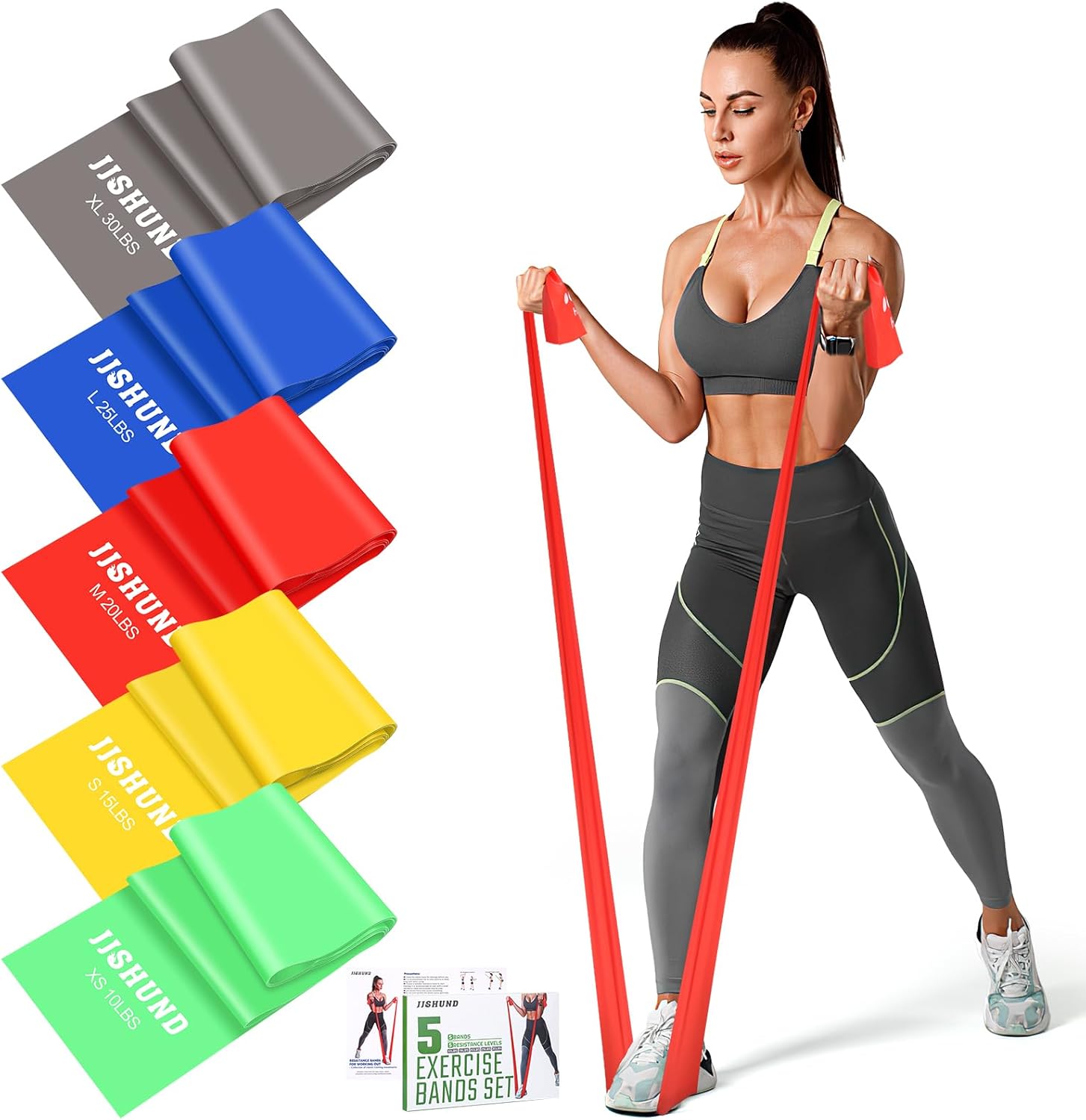 Fitnessbänder 5er Set, Gymnastikband Widerstandsbänder in 5 Stärken Fitnessband Widerstandsbänder mit Übungsanleitung für Pilates Yoga Krafttraining für Männer und Frauen