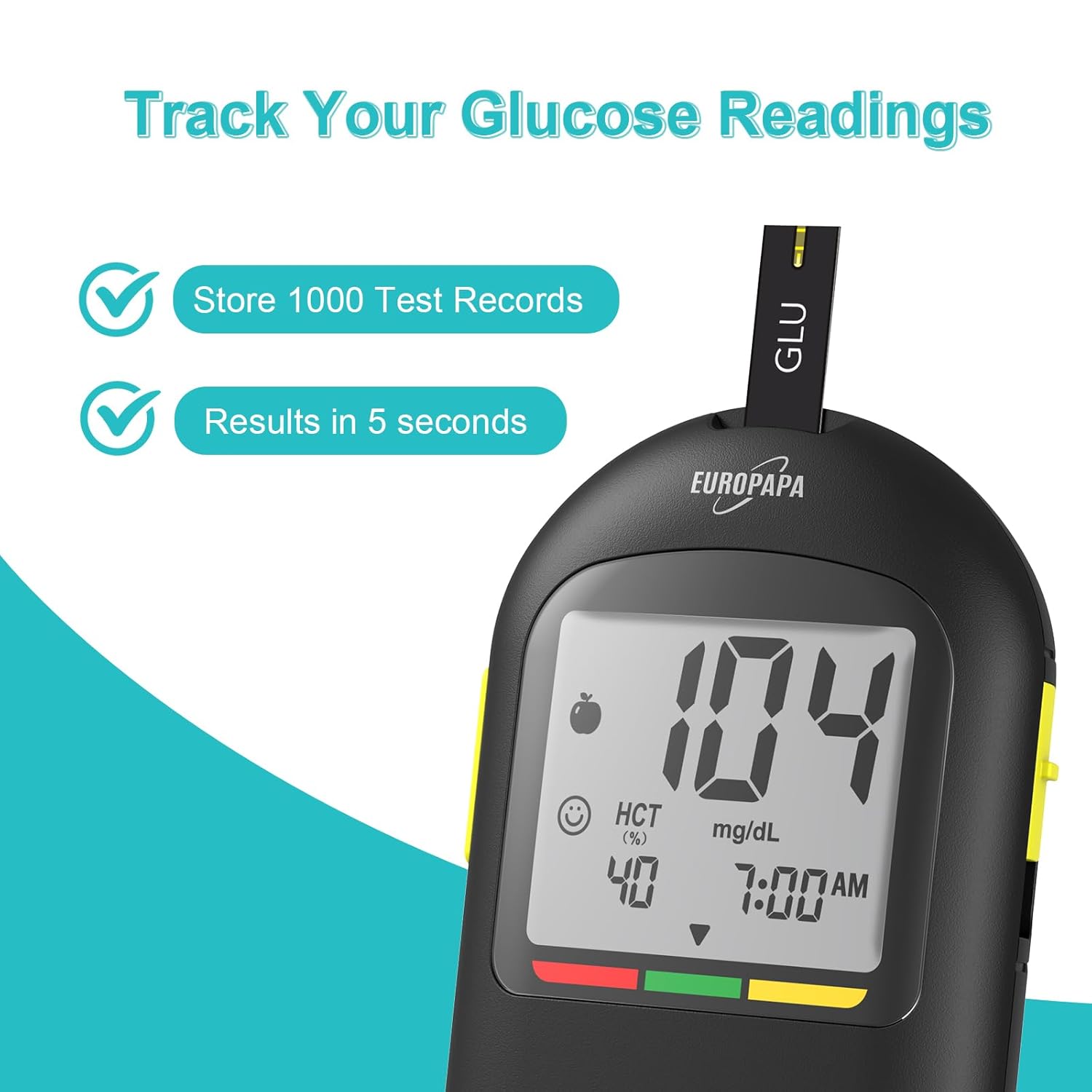 EUROPAPA Blutzuckermessgerät mit Blutzucker-Teststreifen, Blutlanzetten und Stechhilfe, Blutzucker-Messsystem Diabetes-Set mg/dL zur Blutzucker-Selbstkontrolle, 50 Stück Lanzetten- & BZ-Streifen (schwarz) – Bild 4