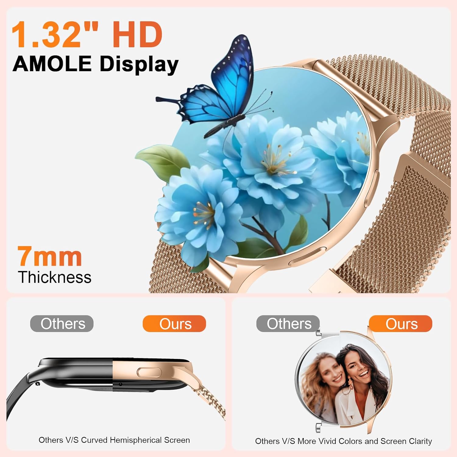 Smartwatch Damen, 1.32" AMOLED Smart Watch Telefonfunktion, Herzfrequenz Schlafmonitor SpO2 Schrittzähler Uhr Damen, 120+Sportmodi Fitnessuhr, IP68 Wasserdicht Fitness Tracker für iOS Android Roségold – Bild 2
