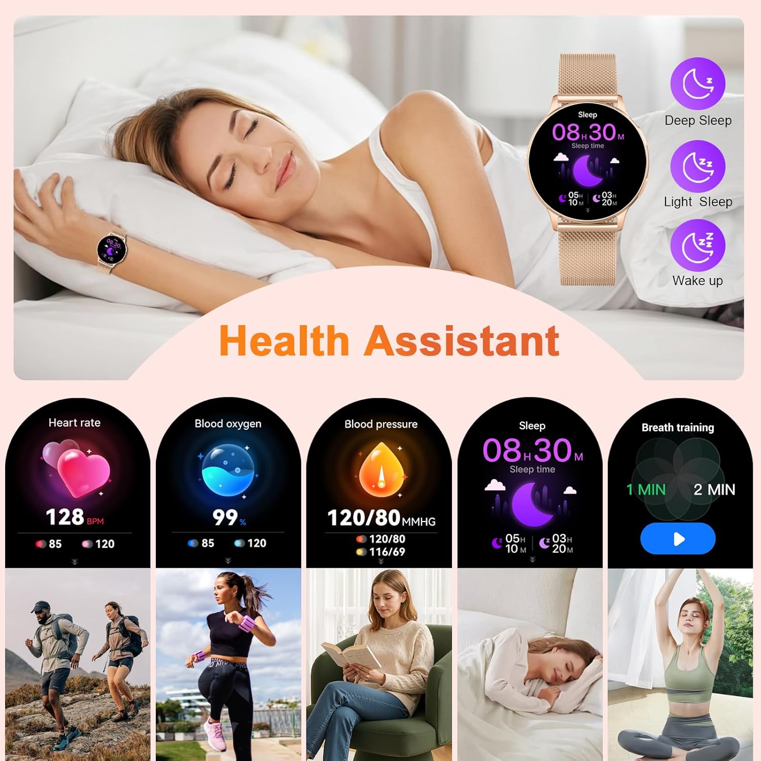 Smartwatch Damen, 1.32" AMOLED Smart Watch Telefonfunktion, Herzfrequenz Schlafmonitor SpO2 Schrittzähler Uhr Damen, 120+Sportmodi Fitnessuhr, IP68 Wasserdicht Fitness Tracker für iOS Android Roségold – Bild 3