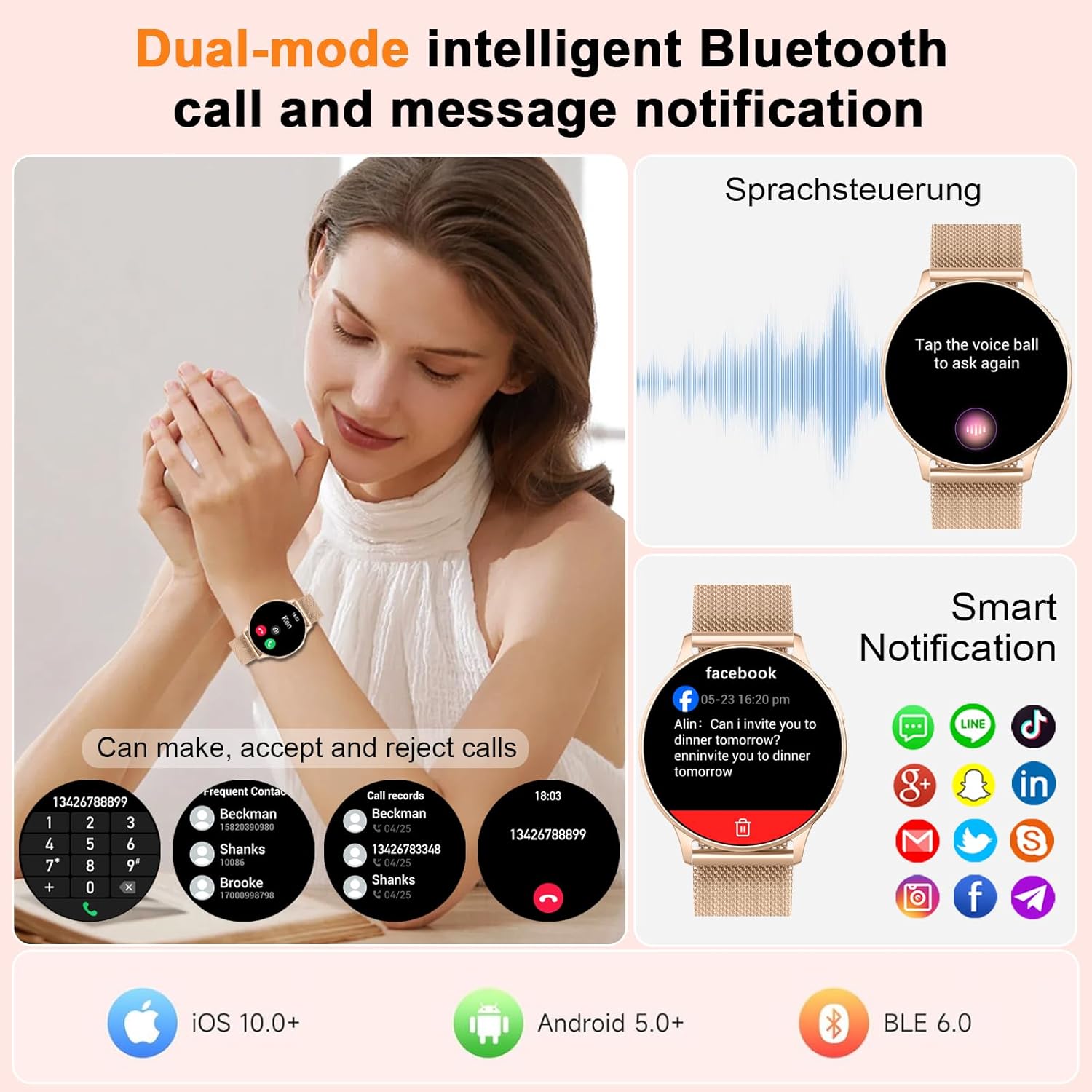 Smartwatch Damen, 1.32" AMOLED Smart Watch Telefonfunktion, Herzfrequenz Schlafmonitor SpO2 Schrittzähler Uhr Damen, 120+Sportmodi Fitnessuhr, IP68 Wasserdicht Fitness Tracker für iOS Android Roségold – Bild 4