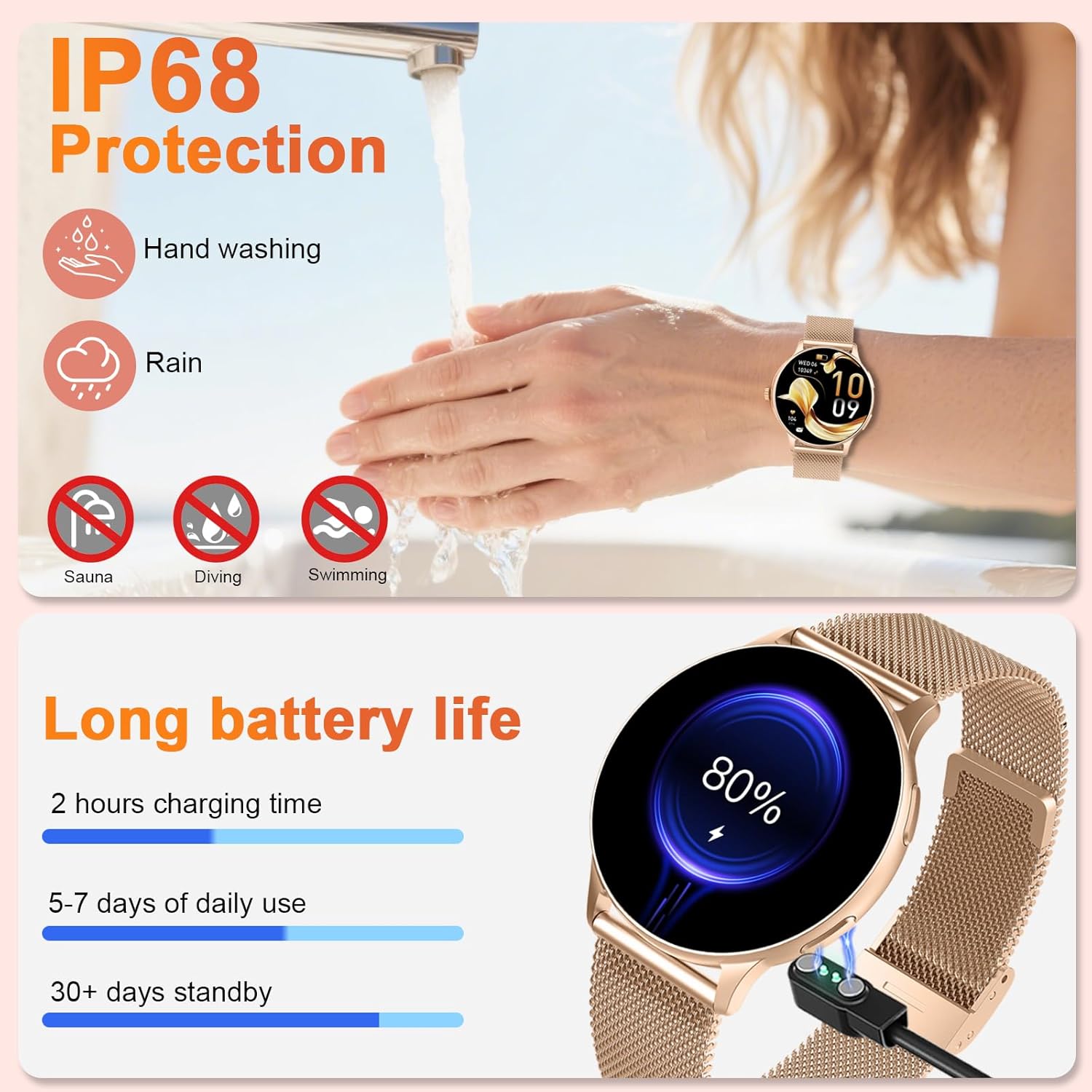 Smartwatch Damen, 1.32" AMOLED Smart Watch Telefonfunktion, Herzfrequenz Schlafmonitor SpO2 Schrittzähler Uhr Damen, 120+Sportmodi Fitnessuhr, IP68 Wasserdicht Fitness Tracker für iOS Android Roségold – Bild 7