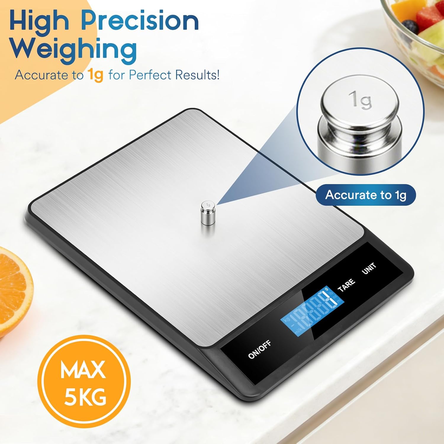 Zivacate 5 kg Digitale Küchenwaage, 1 g Präzision, Küchenwaage mit LCD-Display, große Wiegefläche aus Edelstahl, 6 Einheiten mit Wiegefunktion, für Küche, Kochen, Backen, Zuhause und Büro – Bild 3