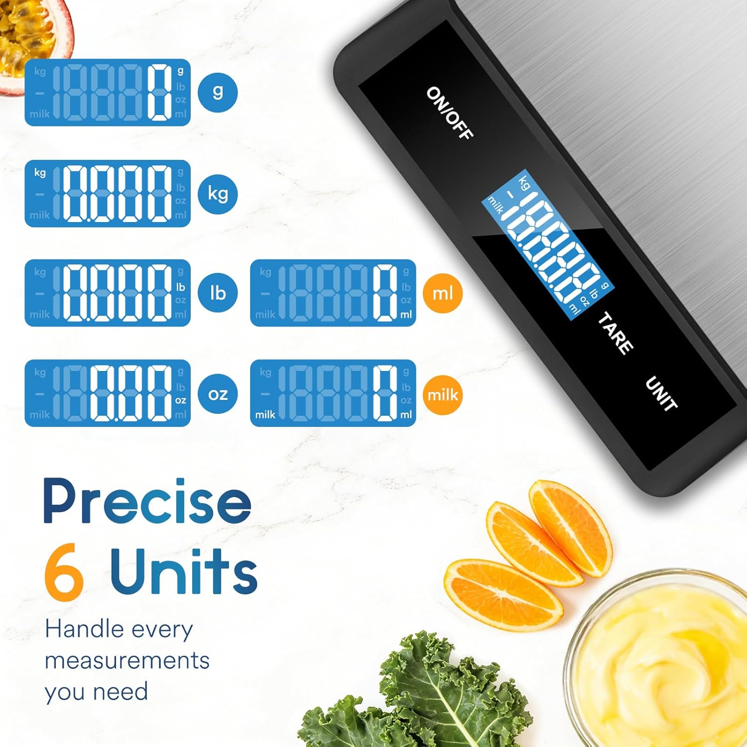 Zivacate 5 kg Digitale Küchenwaage, 1 g Präzision, Küchenwaage mit LCD-Display, große Wiegefläche aus Edelstahl, 6 Einheiten mit Wiegefunktion, für Küche, Kochen, Backen, Zuhause und Büro – Bild 5