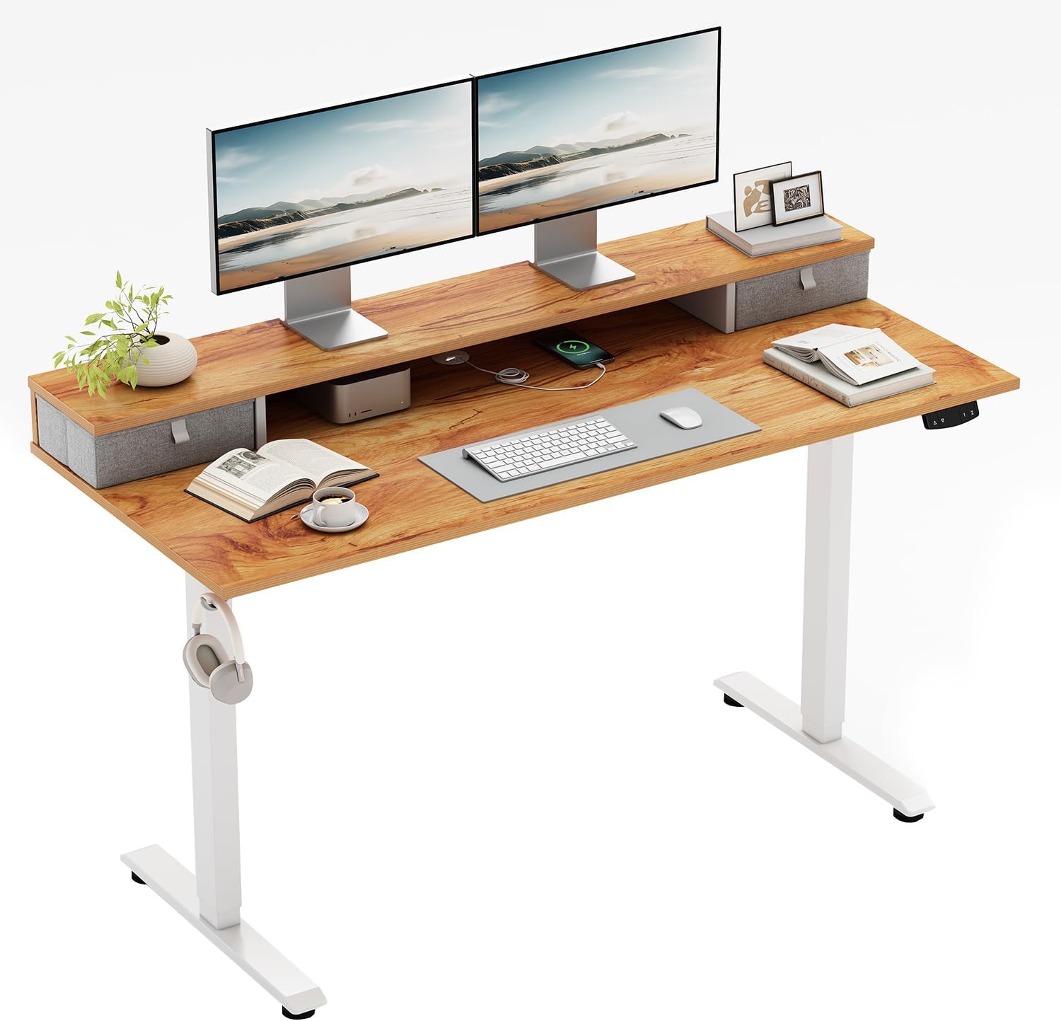 Klicelor Höhenverstellbarer Schreibtisch mit Doppelschubladen, elektrisch höhenverstellbarer Schreibtisch, Sitz-Steh-Computertisch, ergonomischer Stehschreibtisch, 160 x 60 cm, Hellbraun