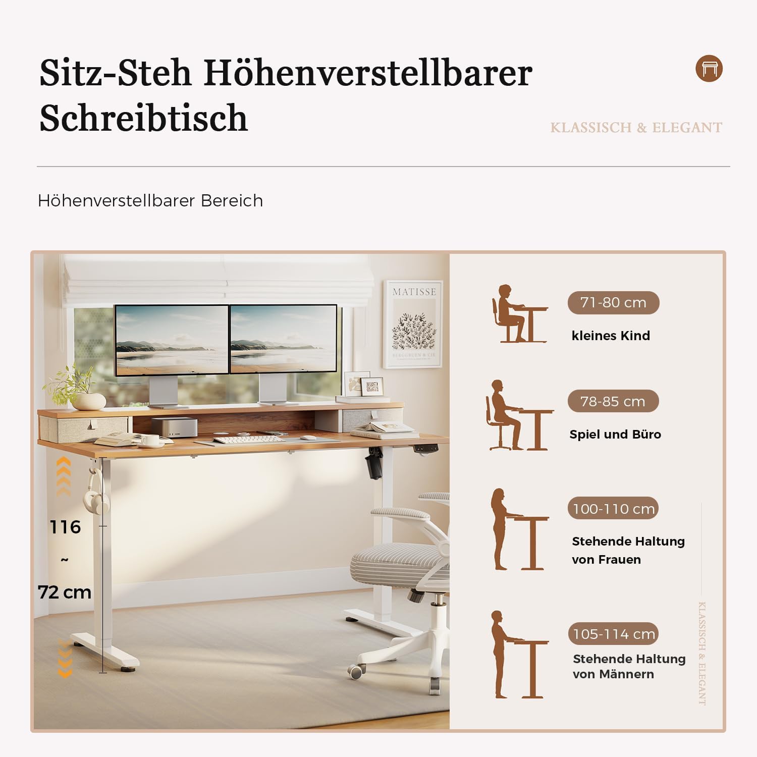 Klicelor Höhenverstellbarer Schreibtisch mit Doppelschubladen, elektrisch höhenverstellbarer Schreibtisch, Sitz-Steh-Computertisch, ergonomischer Stehschreibtisch, 160 x 60 cm, Hellbraun – Bild 3