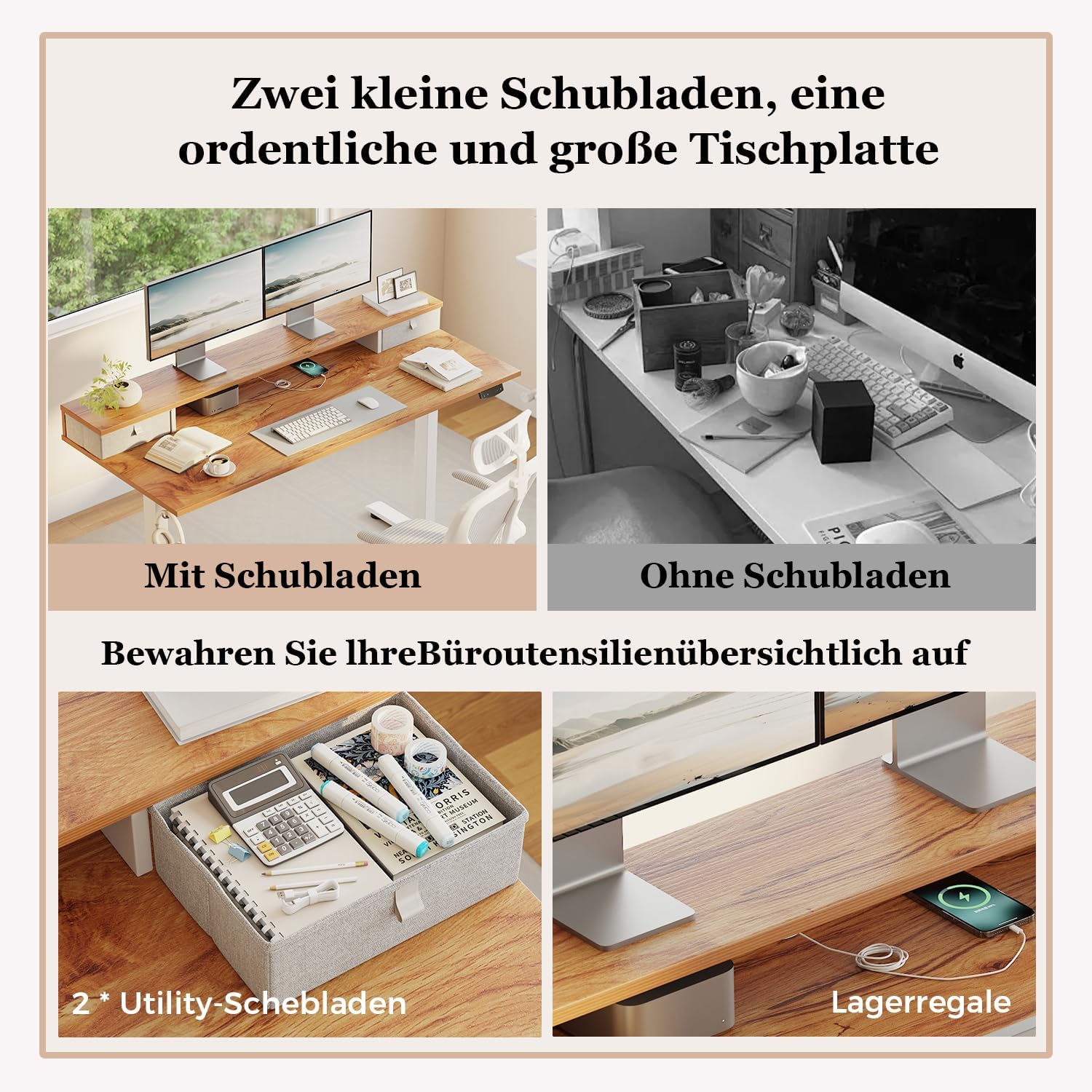 Klicelor Höhenverstellbarer Schreibtisch mit Doppelschubladen, elektrisch höhenverstellbarer Schreibtisch, Sitz-Steh-Computertisch, ergonomischer Stehschreibtisch, 160 x 60 cm, Hellbraun – Bild 5