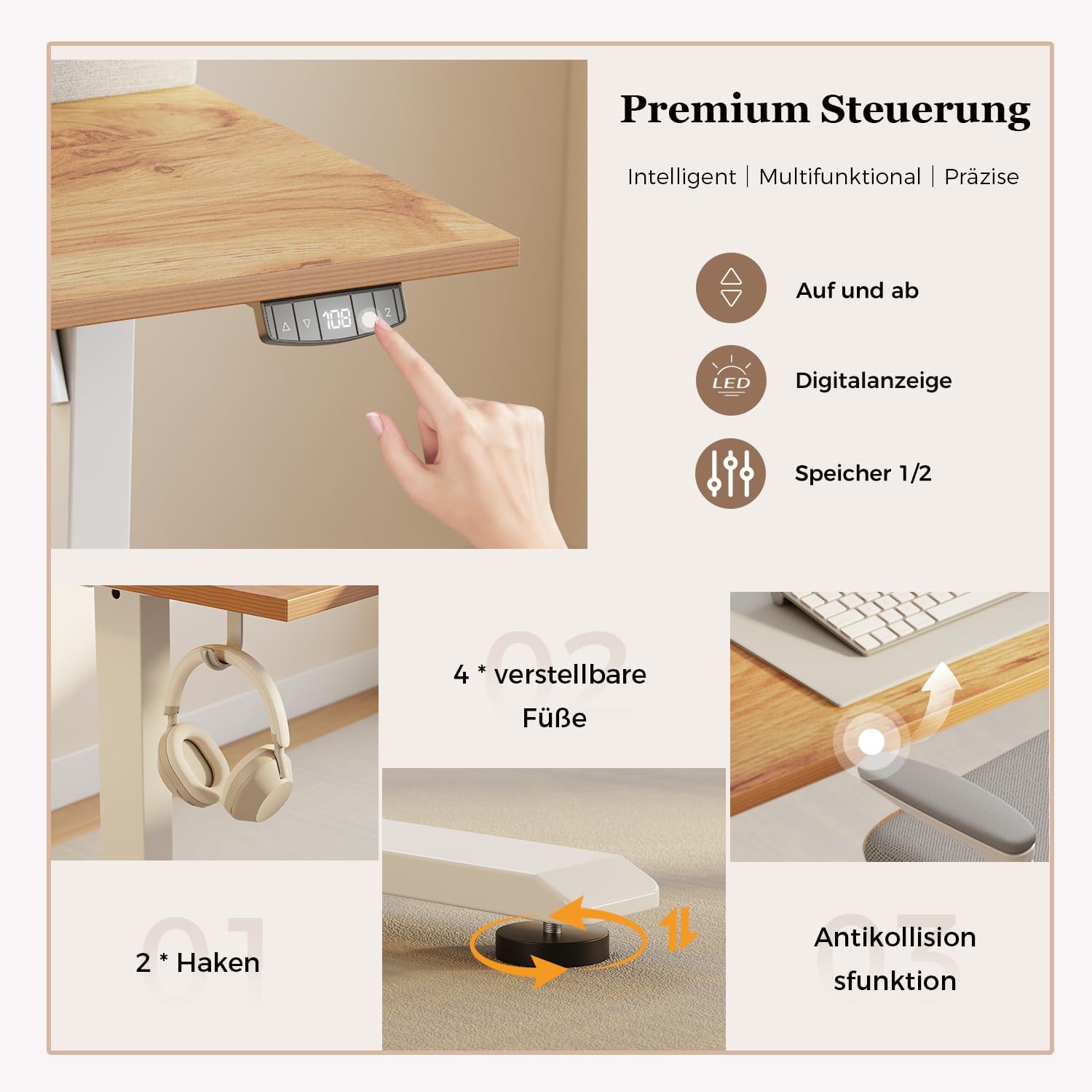 Klicelor Höhenverstellbarer Schreibtisch mit Doppelschubladen, elektrisch höhenverstellbarer Schreibtisch, Sitz-Steh-Computertisch, ergonomischer Stehschreibtisch, 160 x 60 cm, Hellbraun – Bild 6
