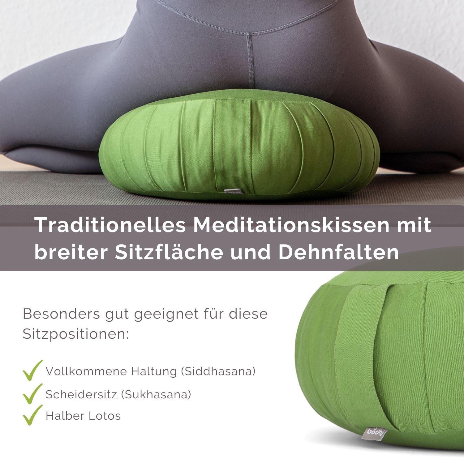 Bodhi Zafu Eco Meditationskissen, klassisches traditionelles Yogakissen rund mit Dehnfalten, Bezug aus 100 % Bio-Baumwolle, hohes Yoga-Sitzkissen mit Bio-Dinkelfüllung, Sitzhöhe 19 cm – Bild 4