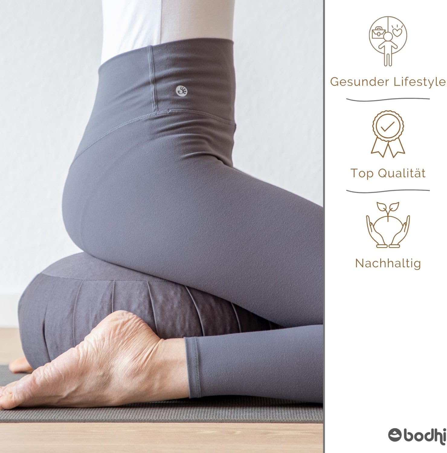Bodhi Zafu Eco Meditationskissen, klassisches traditionelles Yogakissen rund mit Dehnfalten, Bezug aus 100 % Bio-Baumwolle, hohes Yoga-Sitzkissen mit Bio-Dinkelfüllung, Sitzhöhe 19 cm – Bild 5