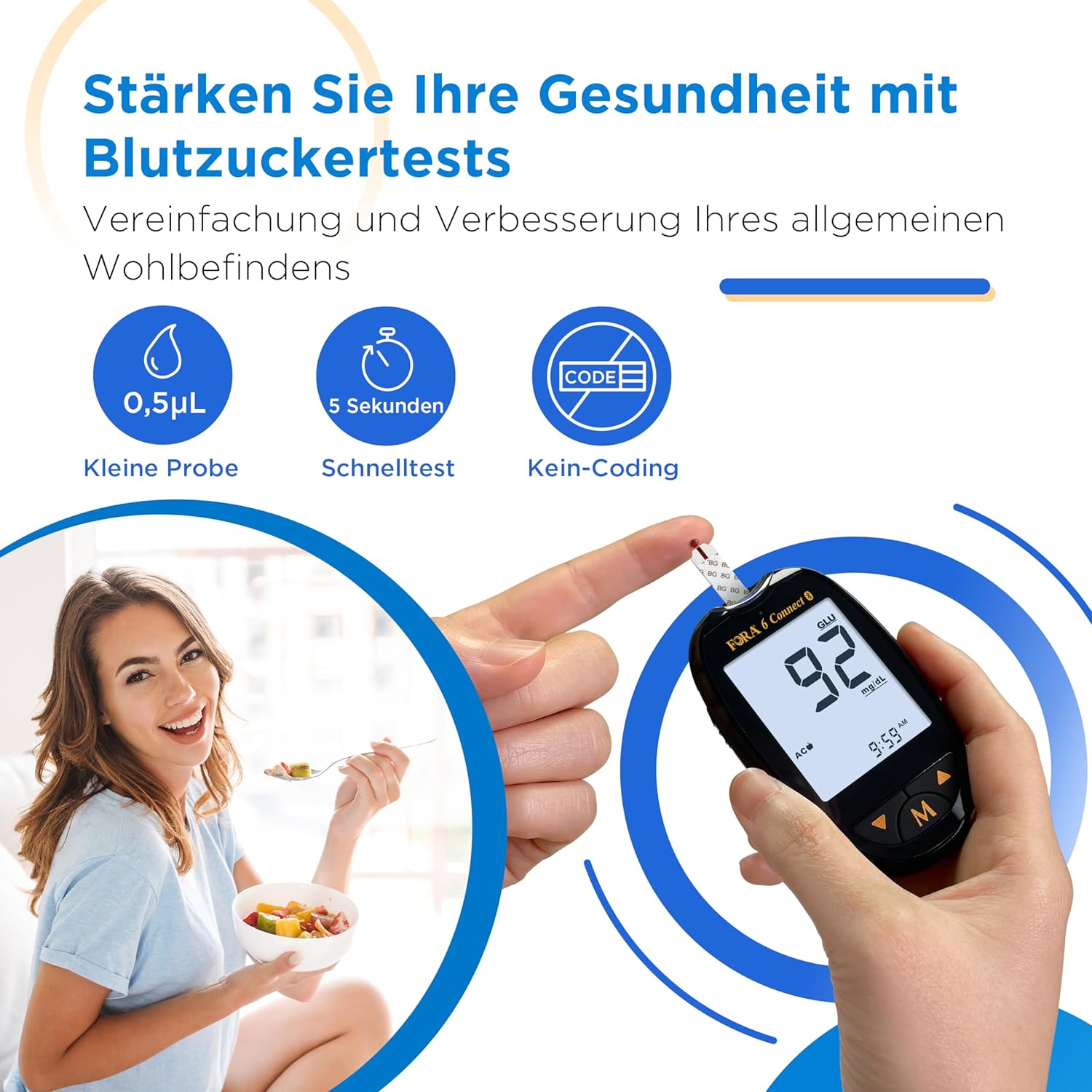 FORA 6 Connect Bluetooth-Blutzuckermessgerät mit Blutzucker-Teststreifen (50 Stück) – Bild 2