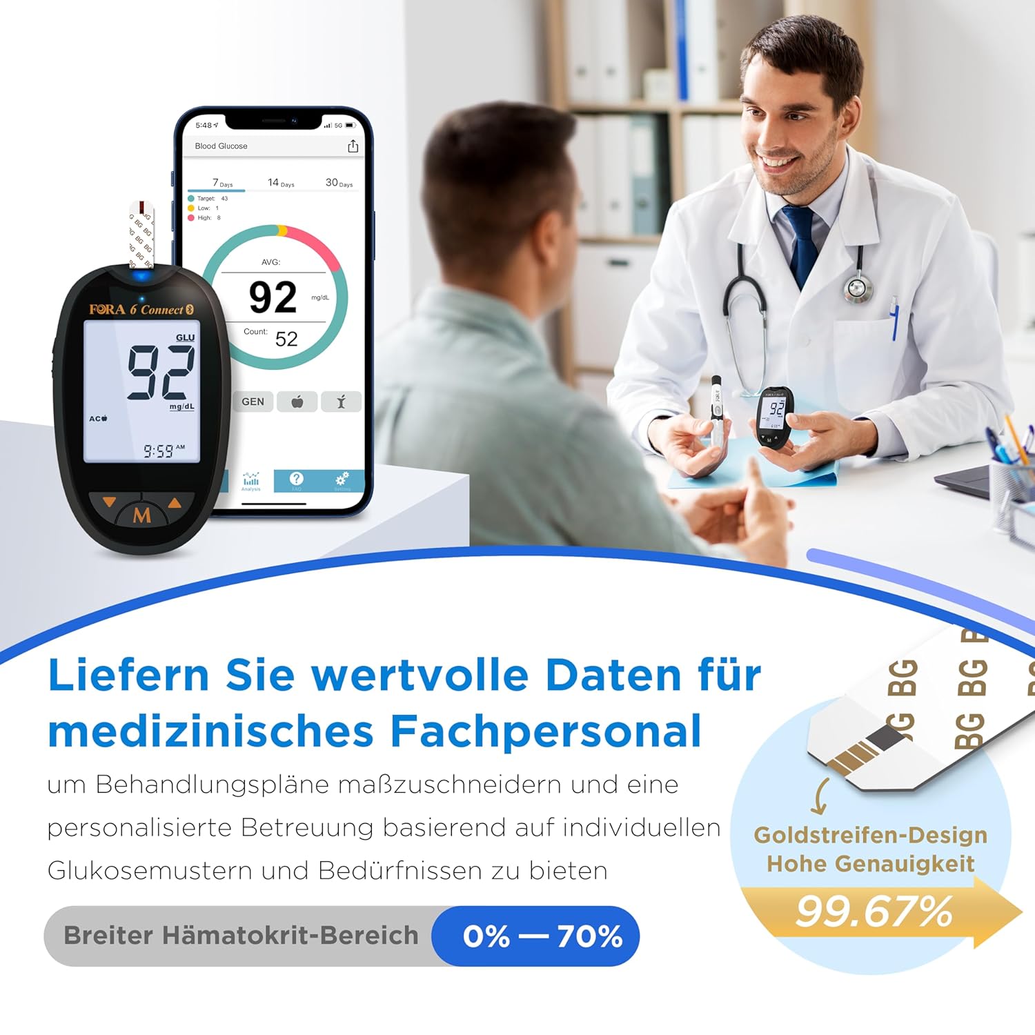 FORA 6 Connect Bluetooth-Blutzuckermessgerät mit Blutzucker-Teststreifen (50 Stück) – Bild 3