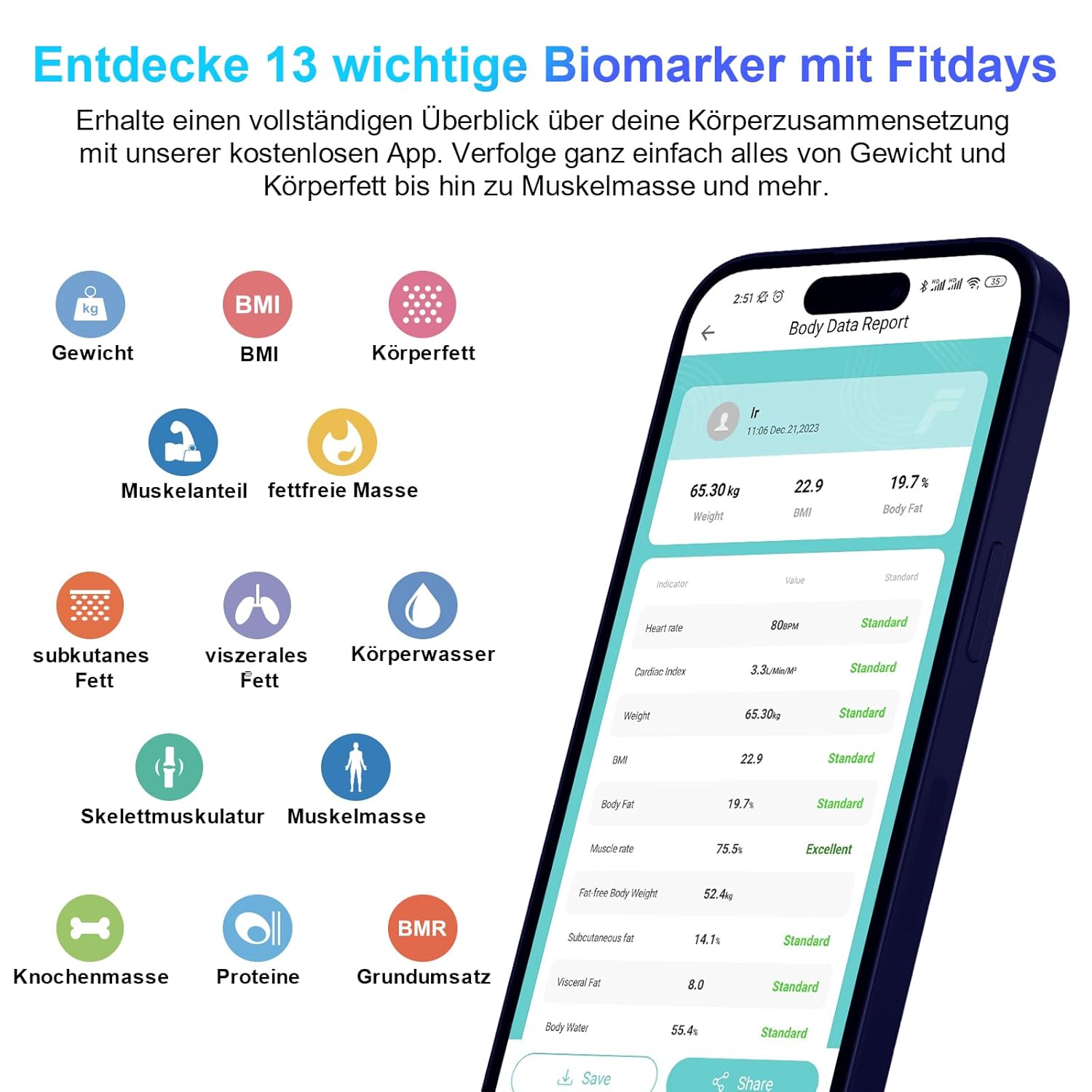 Healthkeep Personenwaage, hochpräzise Bluetooth-Körperwaage mit App, 13 Gesundheitsmetriken für Android und iOS, max. 180 kg/400 lb/28st (blau) – Bild 2