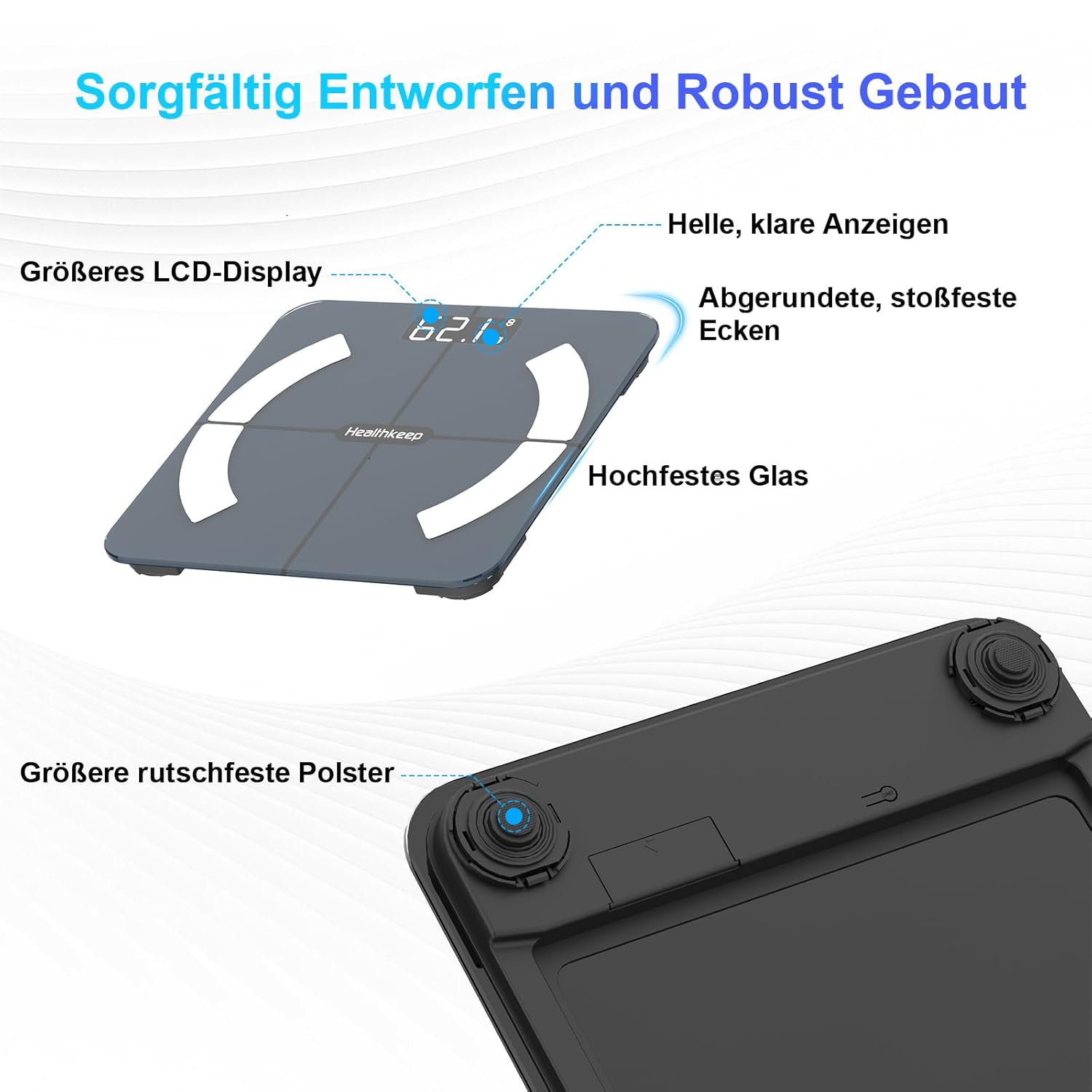Healthkeep Personenwaage, hochpräzise Bluetooth-Körperwaage mit App, 13 Gesundheitsmetriken für Android und iOS, max. 180 kg/400 lb/28st (blau) – Bild 7