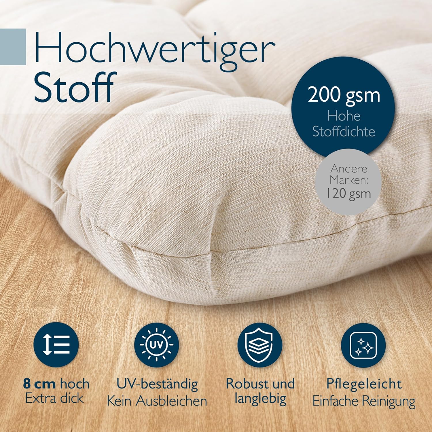 Beautissu 4er Set Premium Stuhlkissen 40 x 40 cm, natürliches, UV-beständiges & robustes Outdoor-Sitzkissen, 8 cm dickes Kissen für Balkonstühle, Gartenstuhl-Sitzkissen, Innenkissen – HighLux SK – Bild 5